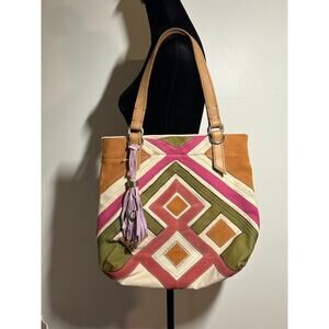 Fossil Jesse Large Pink Green Suede Canvas 2 Strap Tote Bag Purse and Keychain